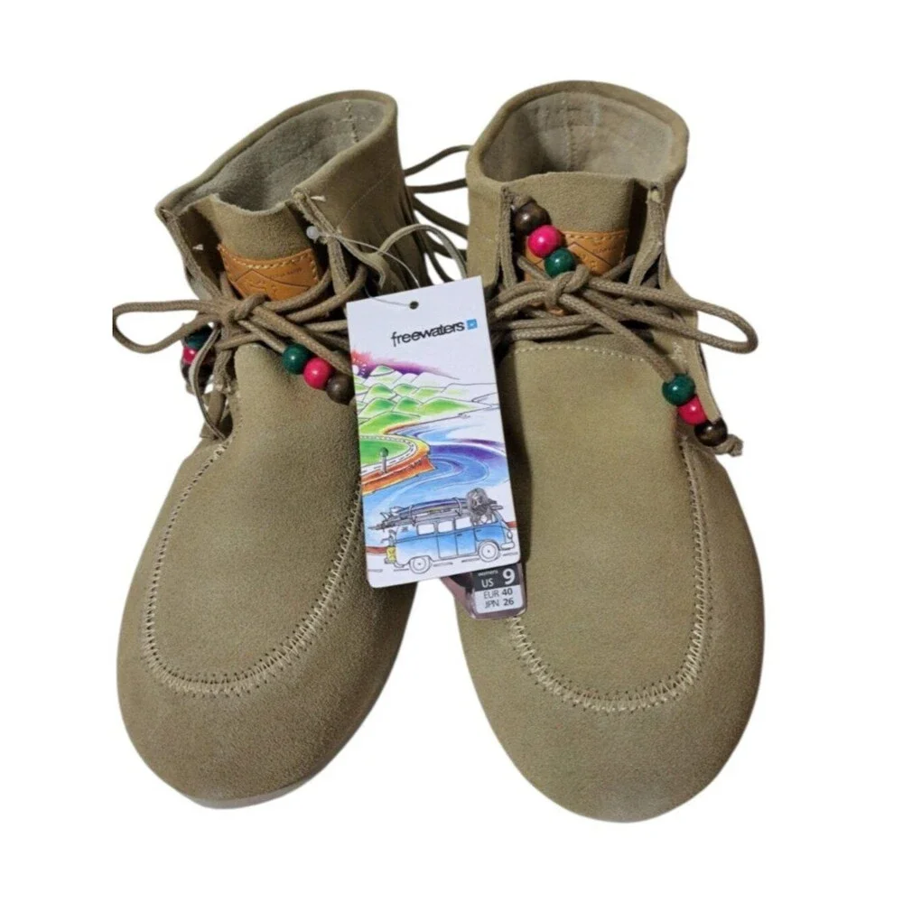 Freewaters Women's Fringe Sand Tan Southwest Classic Moccasin Booties Beads Sz9